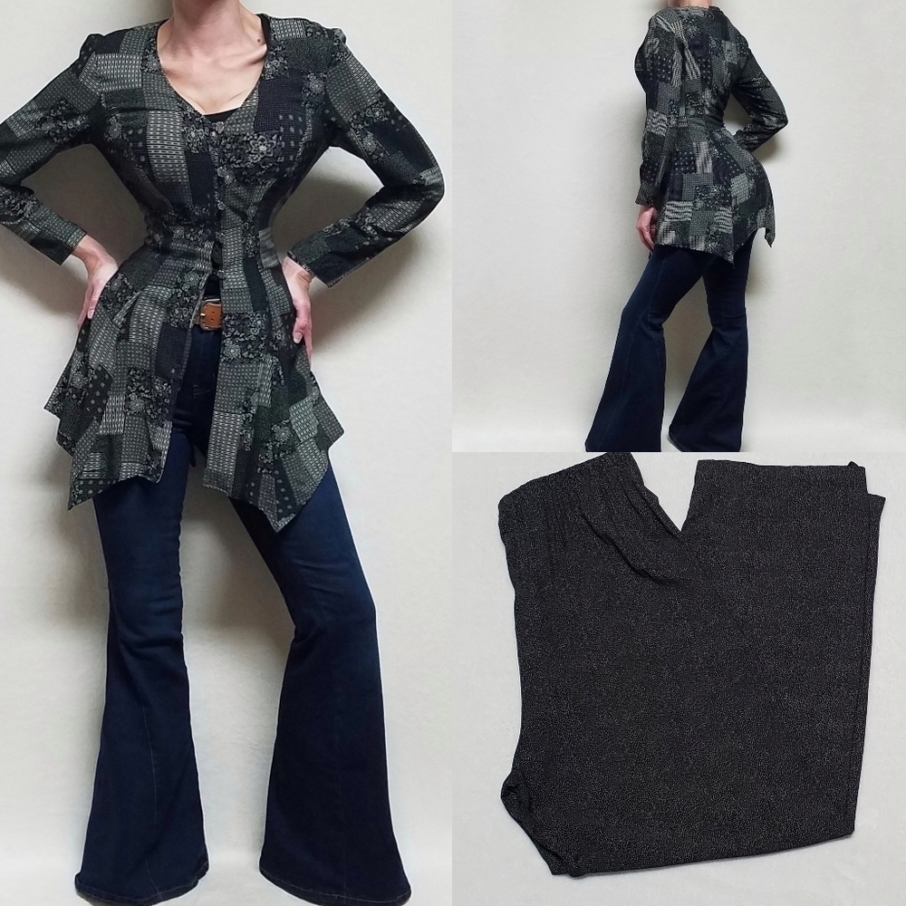 RARE Vintage 80s Vintage Blues Mutli-print Asymmetrical Top Polka-dot Pants Set